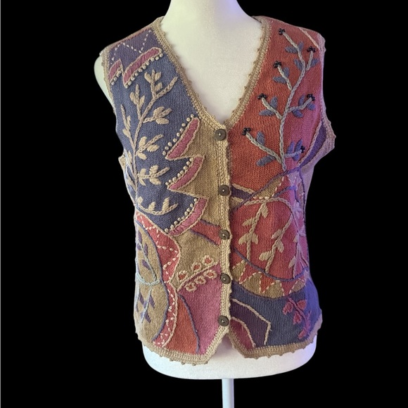 Sigrid Olsen Sweaters - Sigrid Olsen Sport Vest Small Embroidered Knit Ramie Cotton Boho Patchwork Y2K